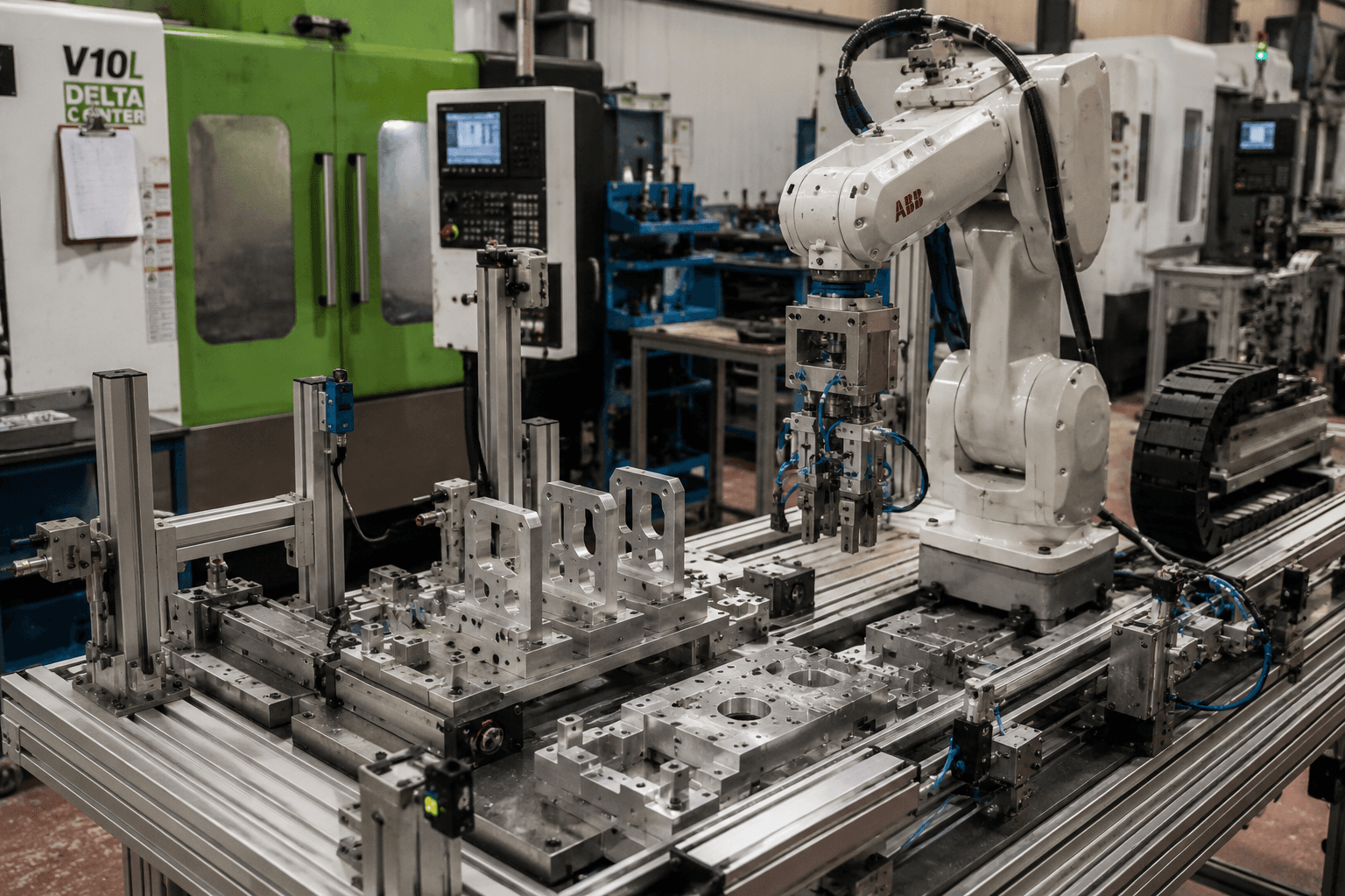 Machined aluminium brackets and fixture components integrated into an industrial automation system