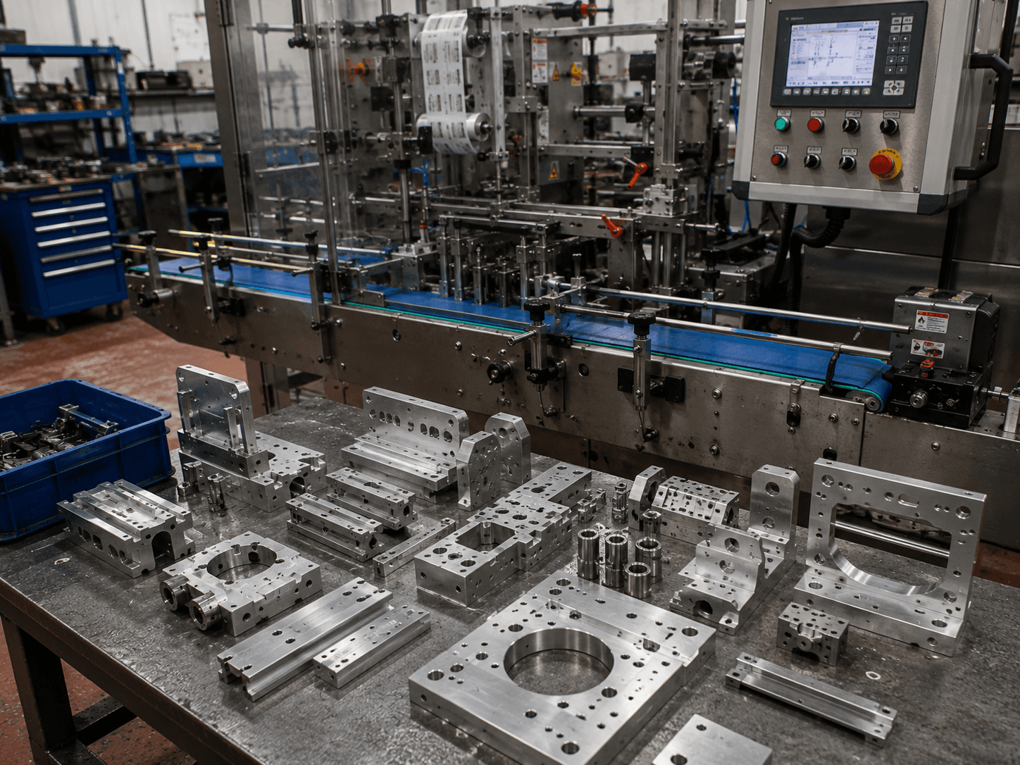 Modern packaging production line with visible precision mechanical components