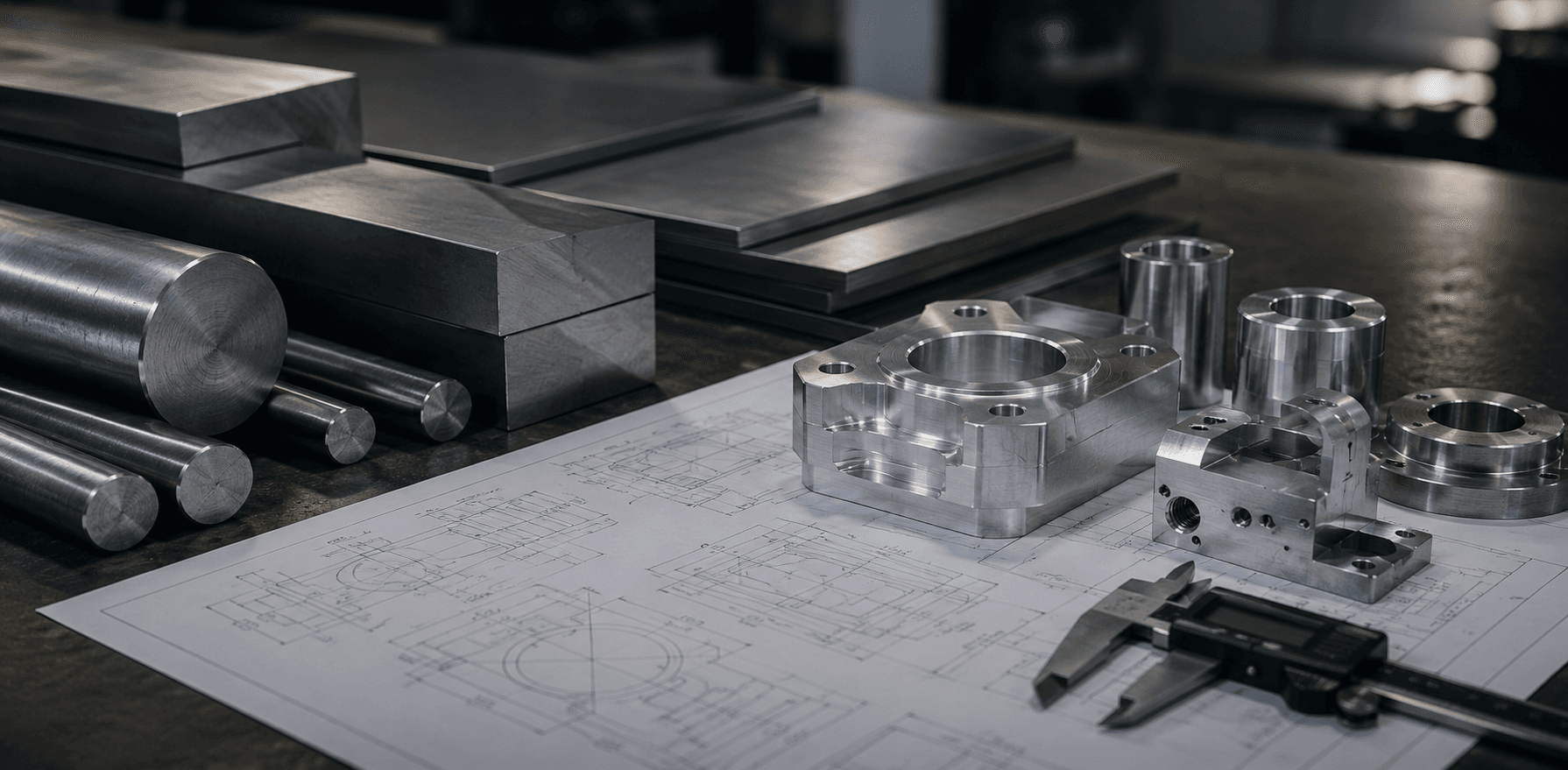 Neatly arranged aluminium plates and steel blocks prepared for precision CNC machining