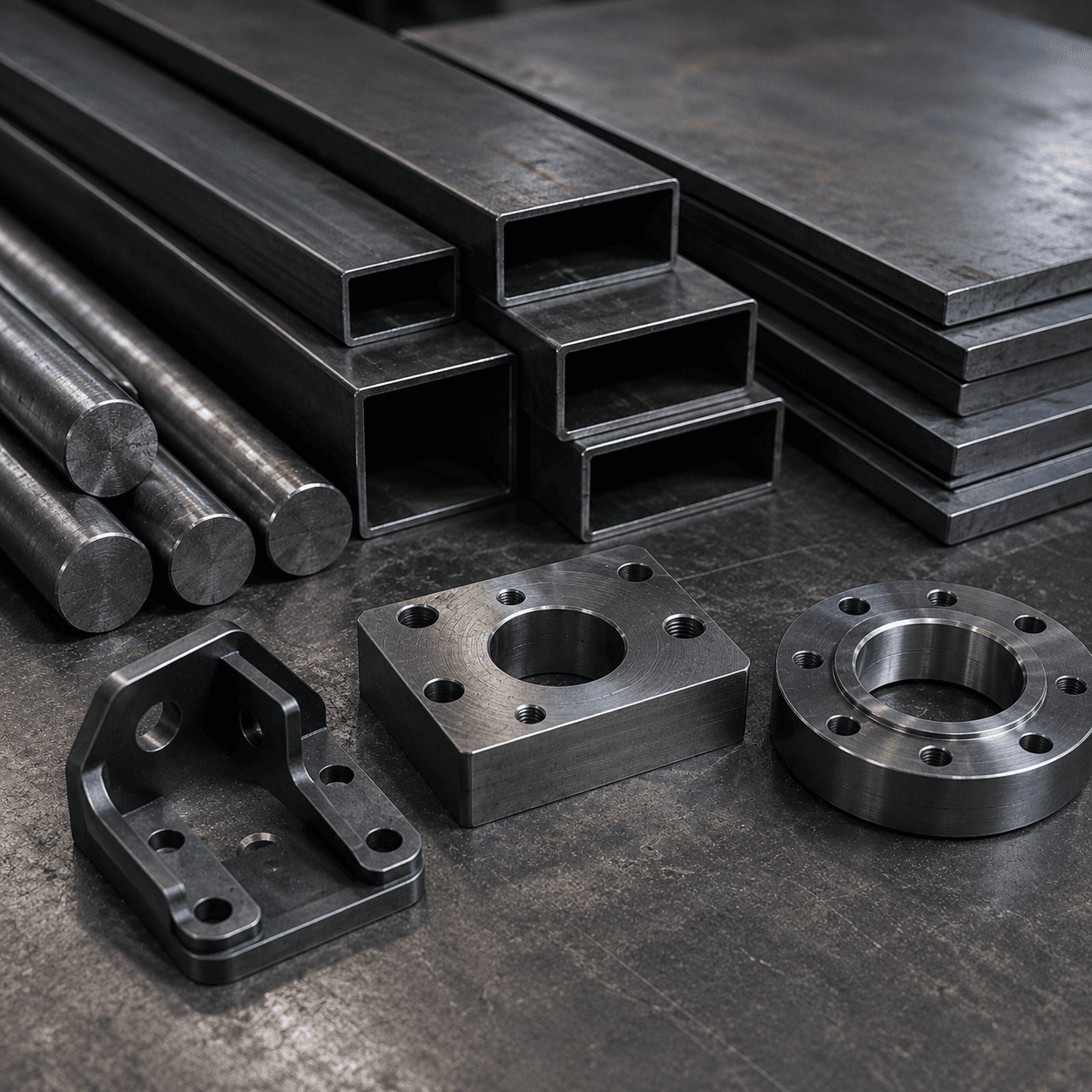 Machined carbon steel component with a clean industrial finish