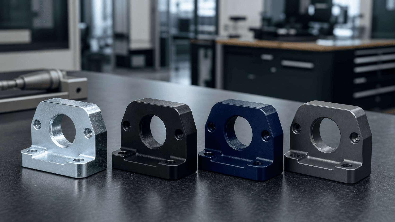 Close-up of dark anodized and coated precision-machined metal components