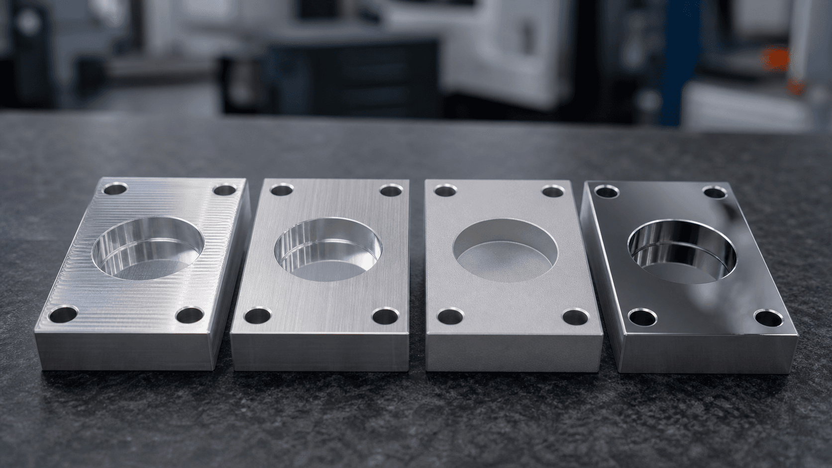 Clean machined, brushed, and bead-blasted aluminium surface comparison