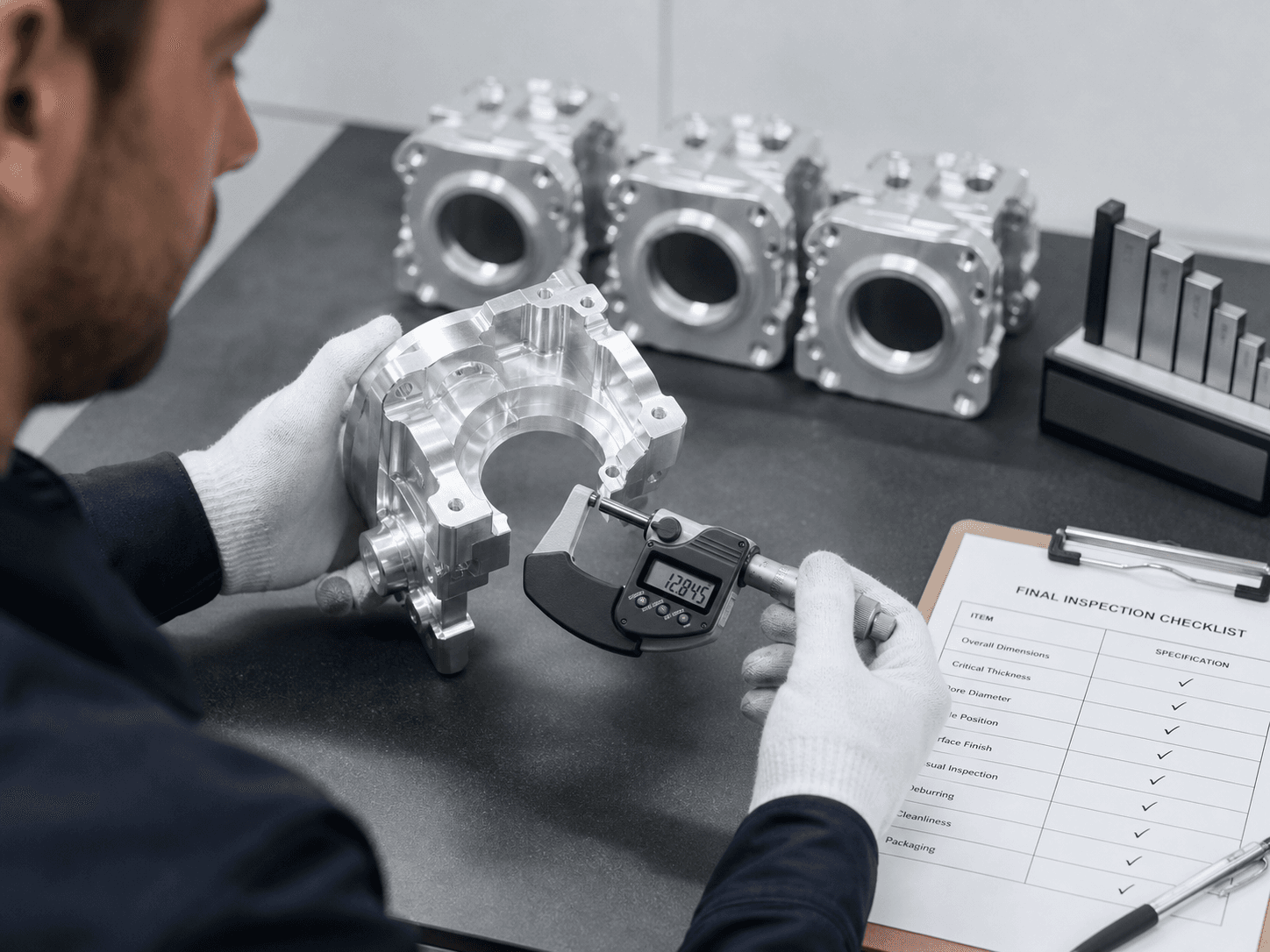 Close-up of a finished aluminium CNC-machined component being measured with a digital micrometer before shipment