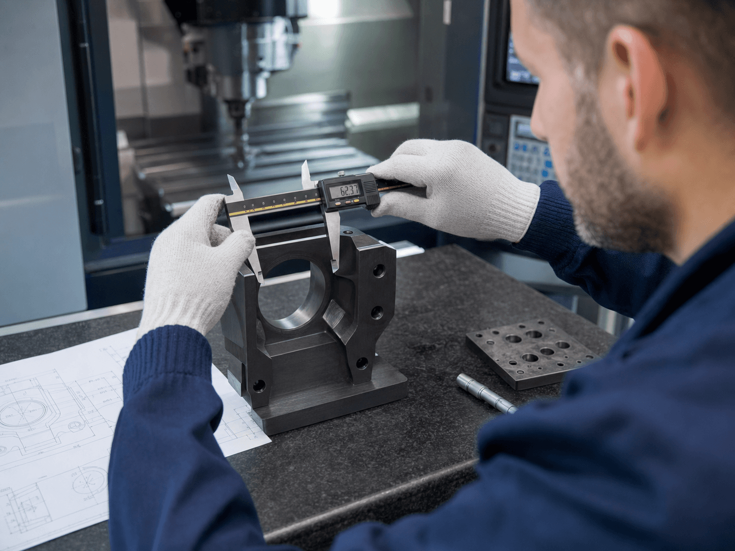 Operator inspecting a steel component with a digital caliper at a CNC machining workstation during production