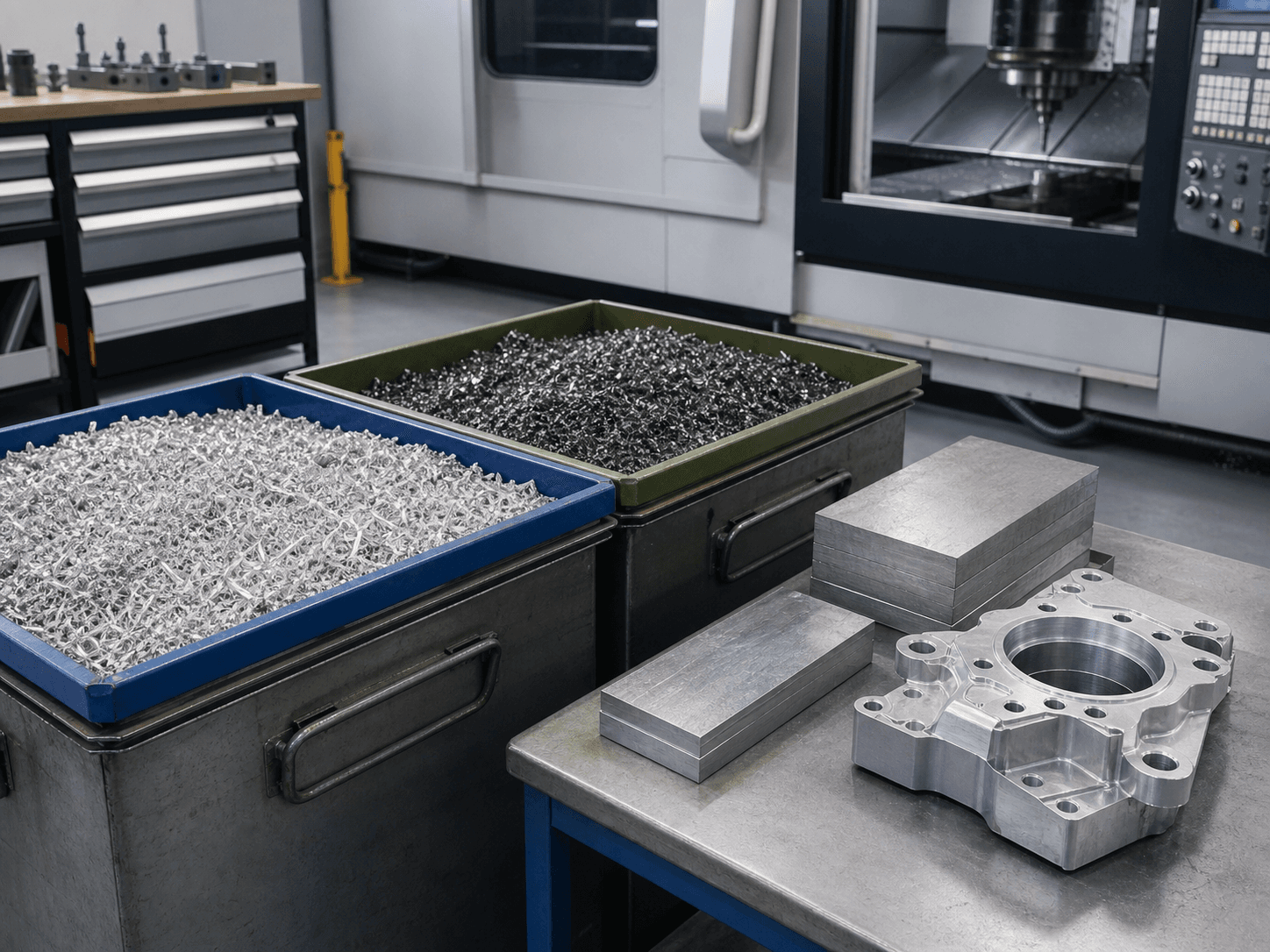 Precision CNC machined component being inspected, close-up industrial photography