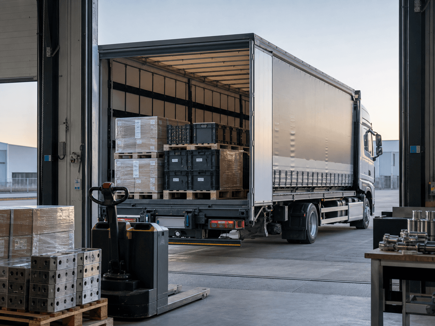 Industrial components organised in professional freight packaging, prepared for European transportation